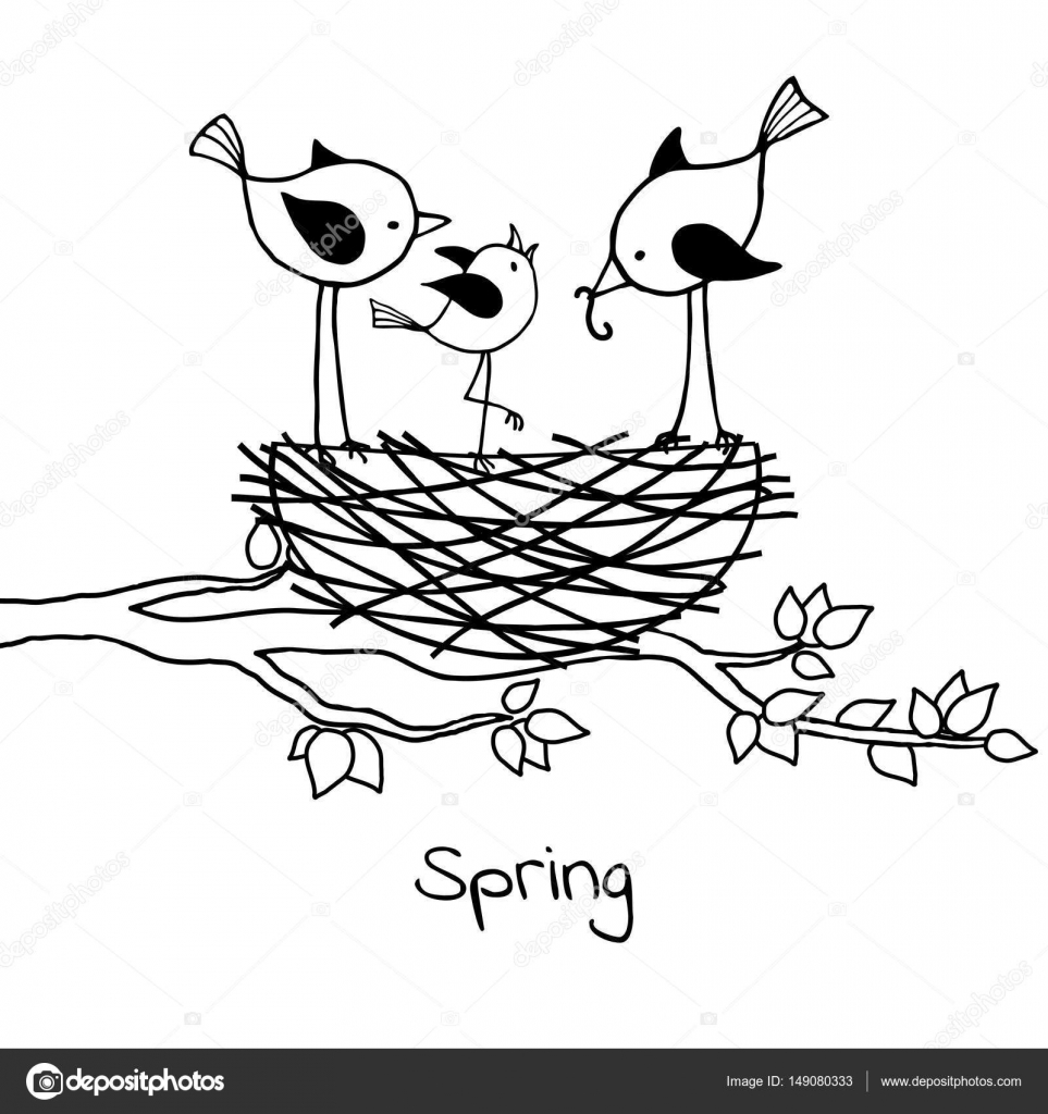 963x1024 Birds Family In The Nest, The Parents Feed Their Nestling. Stock