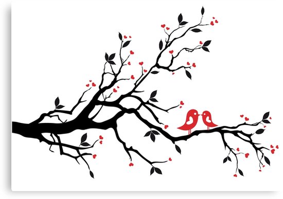 550x387 Kissing Birds On Love Tree With Red Hearts Canvas Prints By