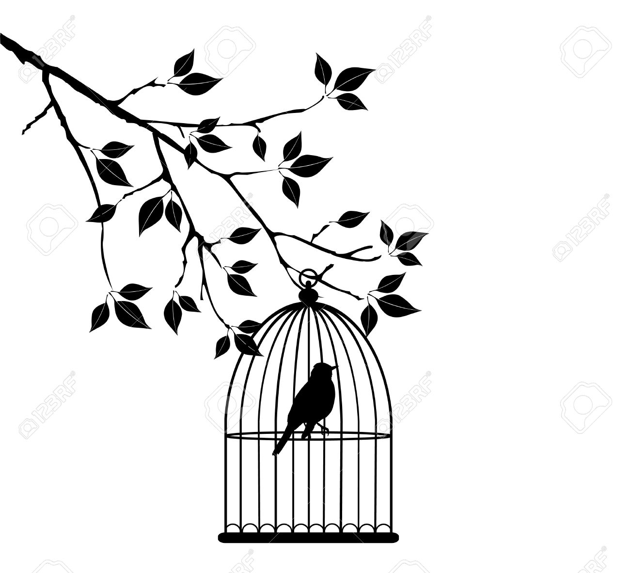 1300x1182 Vector Tree Branch With Bird In Cage Royalty Free Cliparts