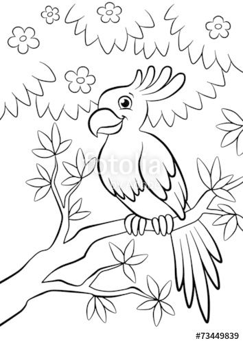 354x500 Cute Parrot Sitting On The Flowered Tree In The Forest Stock