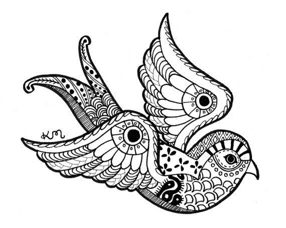 570x456 Swallow Ink Drawing Print Abstract Tribal Aztec