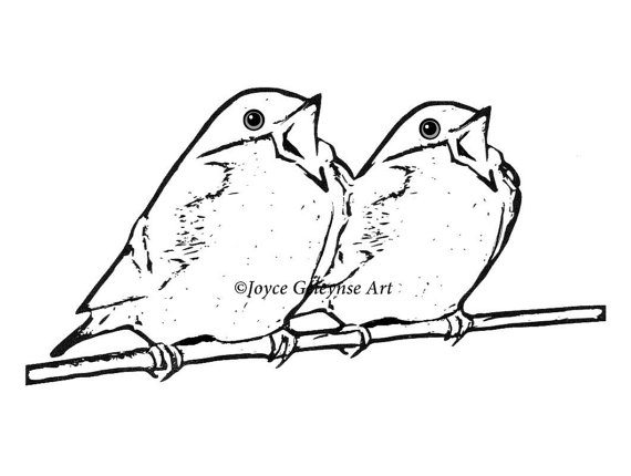 570x430 Digital Stamp Clip Art, Singing Birds On A Branch, Freehand