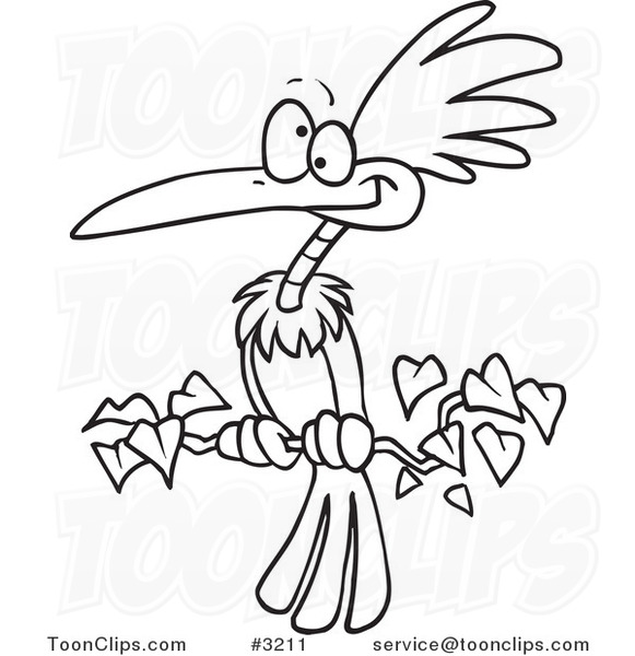 581x600 Cartoon Black And White Line Drawing Of An Exotic Bird Perched