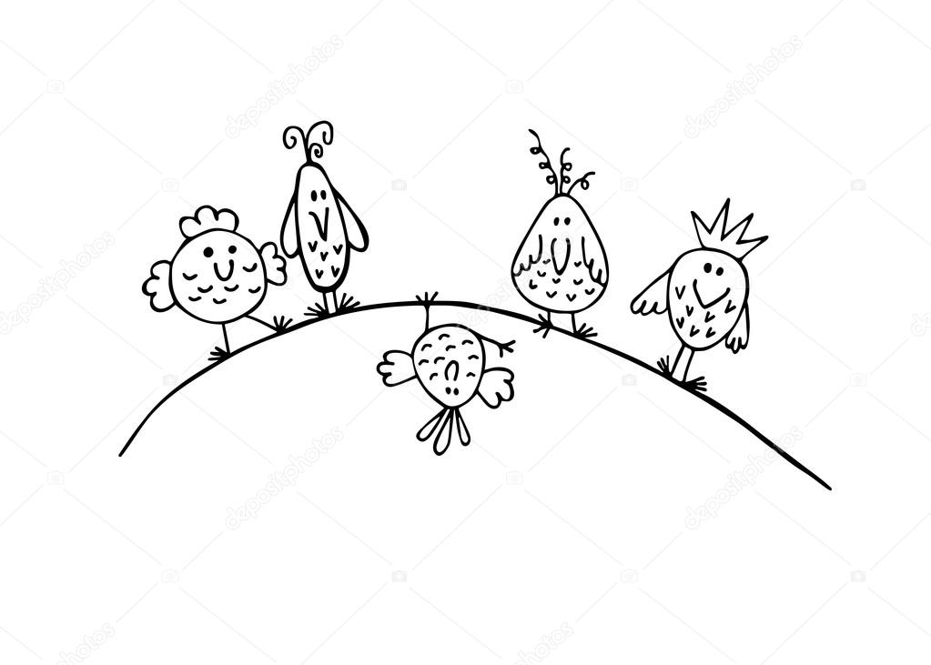 1023x731 Hand Draw Sketch Funny Birds On A Branch. Stock Vector Nilmerg