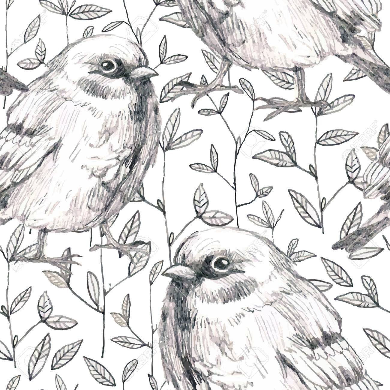 1300x1300 Pencil Sketch Seamless Pattern With Flowers And Bird Sparrow