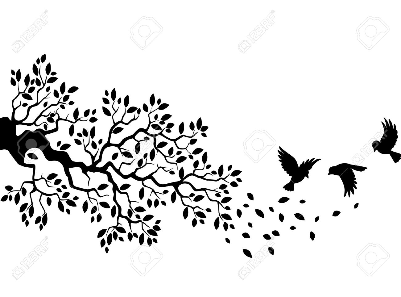 1300x962 Cartoon Tree Branch With Bird Silhouette Royalty Free Cliparts