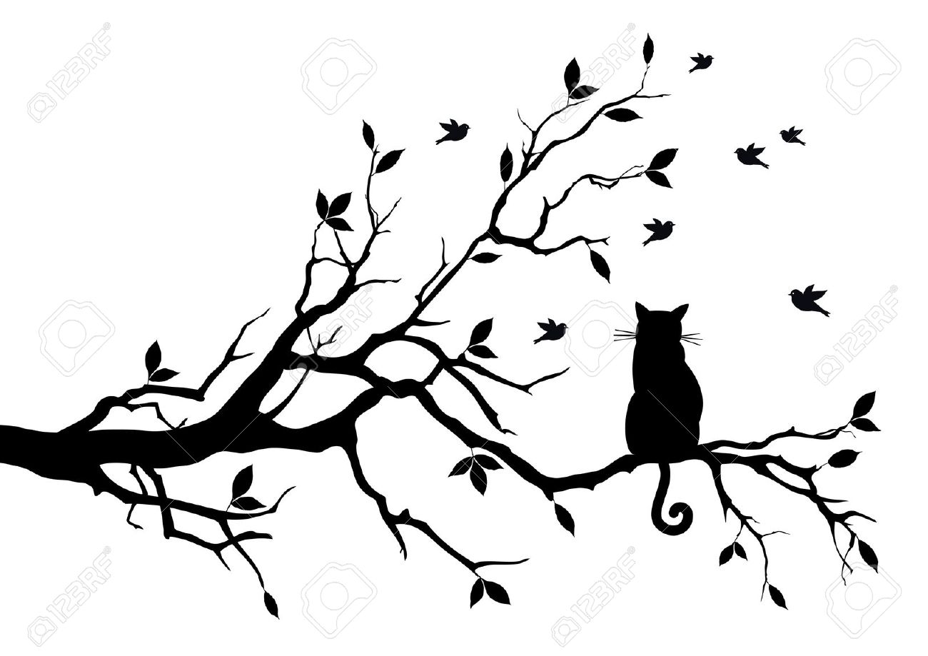 1300x919 Cat Sitting On A Tree, Watching Birds Royalty Free Cliparts