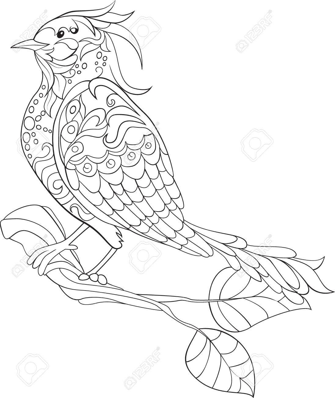 1097x1300 Fantasy Bird. Black Hand Drawn Doodle. Sketch For Adult Antistress