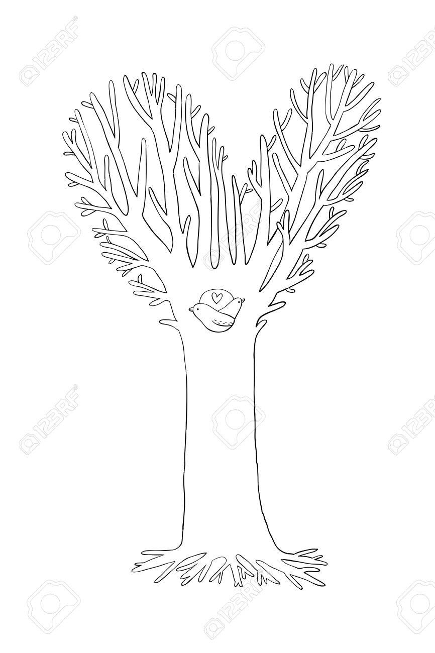 866x1300 Magic Tree. Two Little Birds In The Hollow. Hand Drawing Isolated
