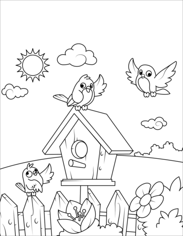 371x480 Birds Near A Birdhouse Coloring Page Free Printable Coloring Pages