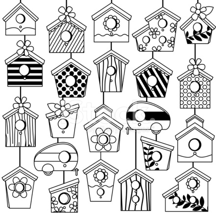 440x439 Vector Set Of Cute Line Art Birdhouses Stock Vector