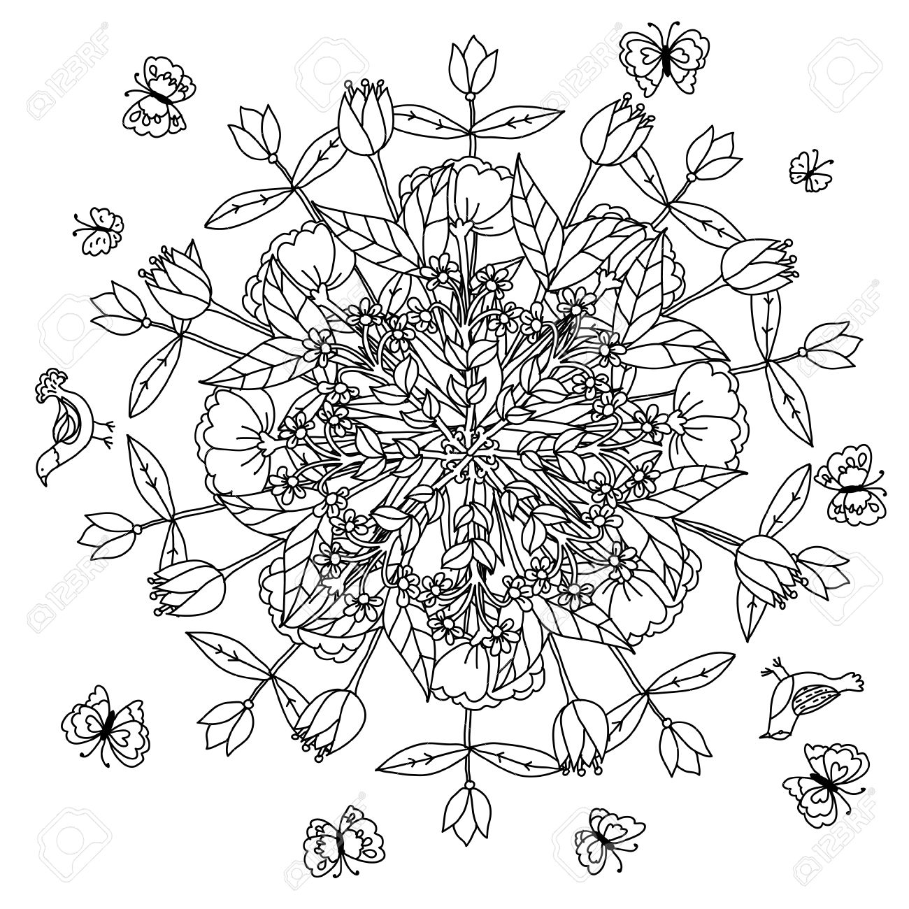 1300x1300 Mandala Shaped Contoured Flowers, Leaves And Birds For Adult