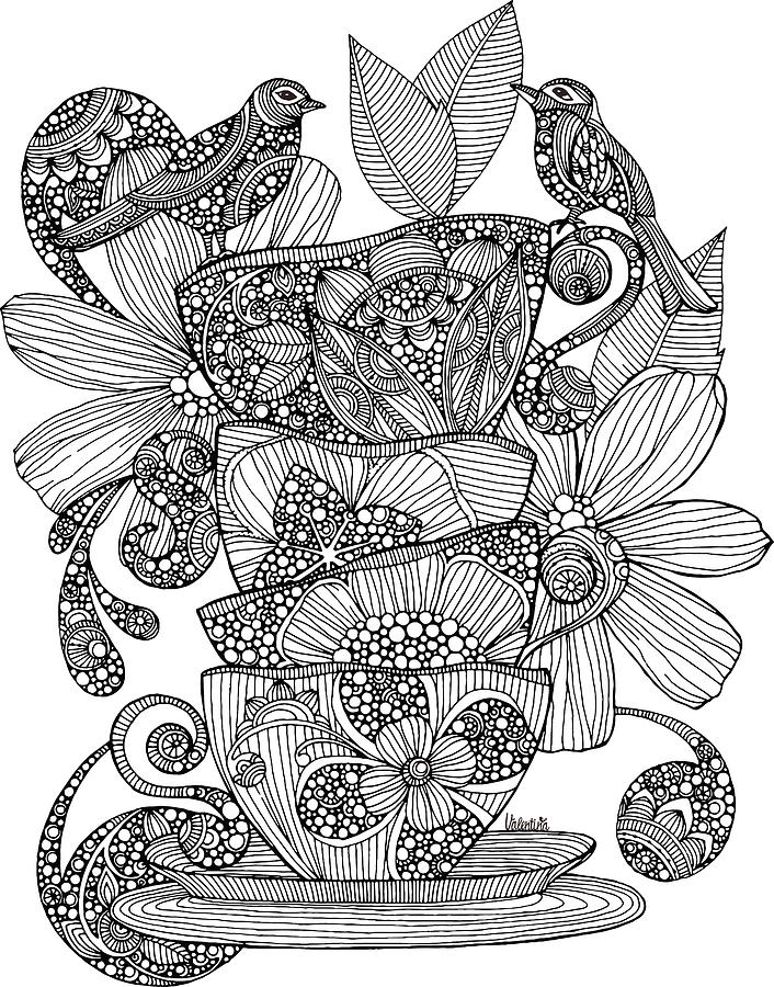 706x900 Teacups, Birds And Flowers Drawing By Valentina Harper