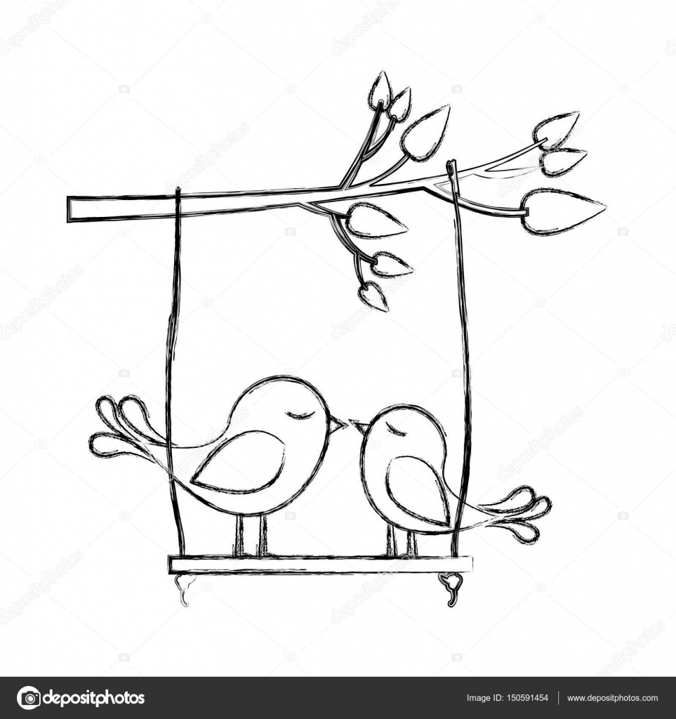 963x1024 Monochrome Sketch Of Tree Branch With Swing And Couple Of Birds