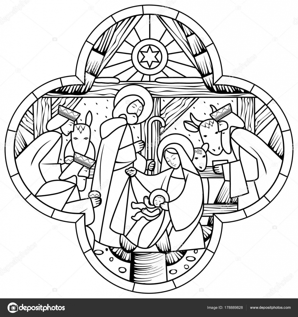 963x1024 Linear Drawing Of Birth Of Jesus Christ Scene In Cross Shape