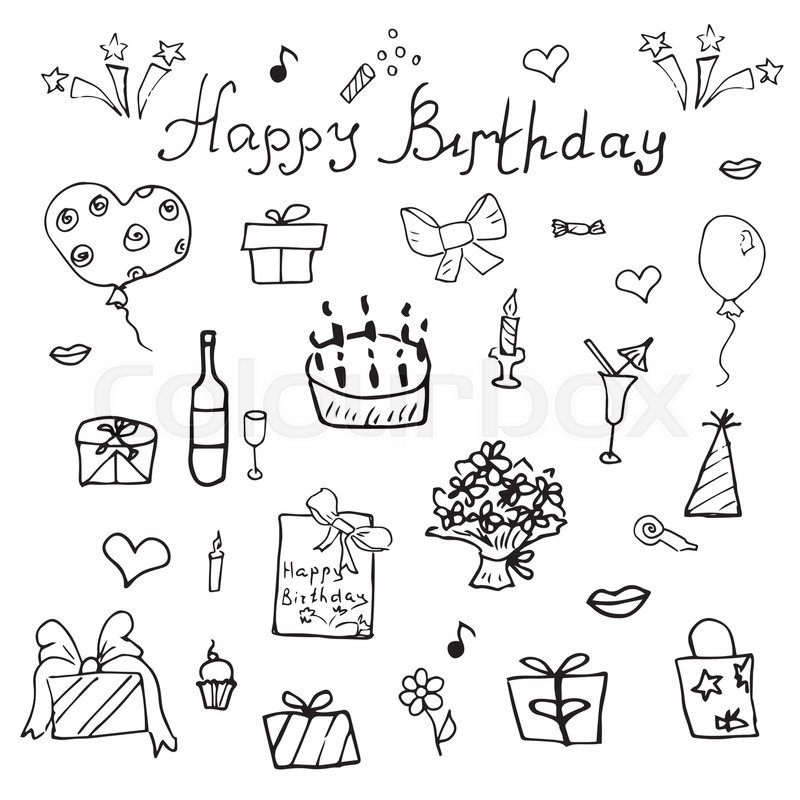 800x800 Birthday Elements. Hand Drawn Set With Birthday Cake, Balloons