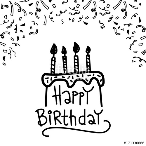 500x500 Doodle Happy Birthday Cake With Decoration Ribbon Sketch Art