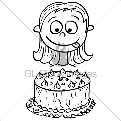 500x500 Cartoon Illustration Of Girl Looking At Birthday Cake Gl Stock
