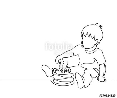500x417 Continuous Line Drawing. Little Boy With Birthday Cake. Vector
