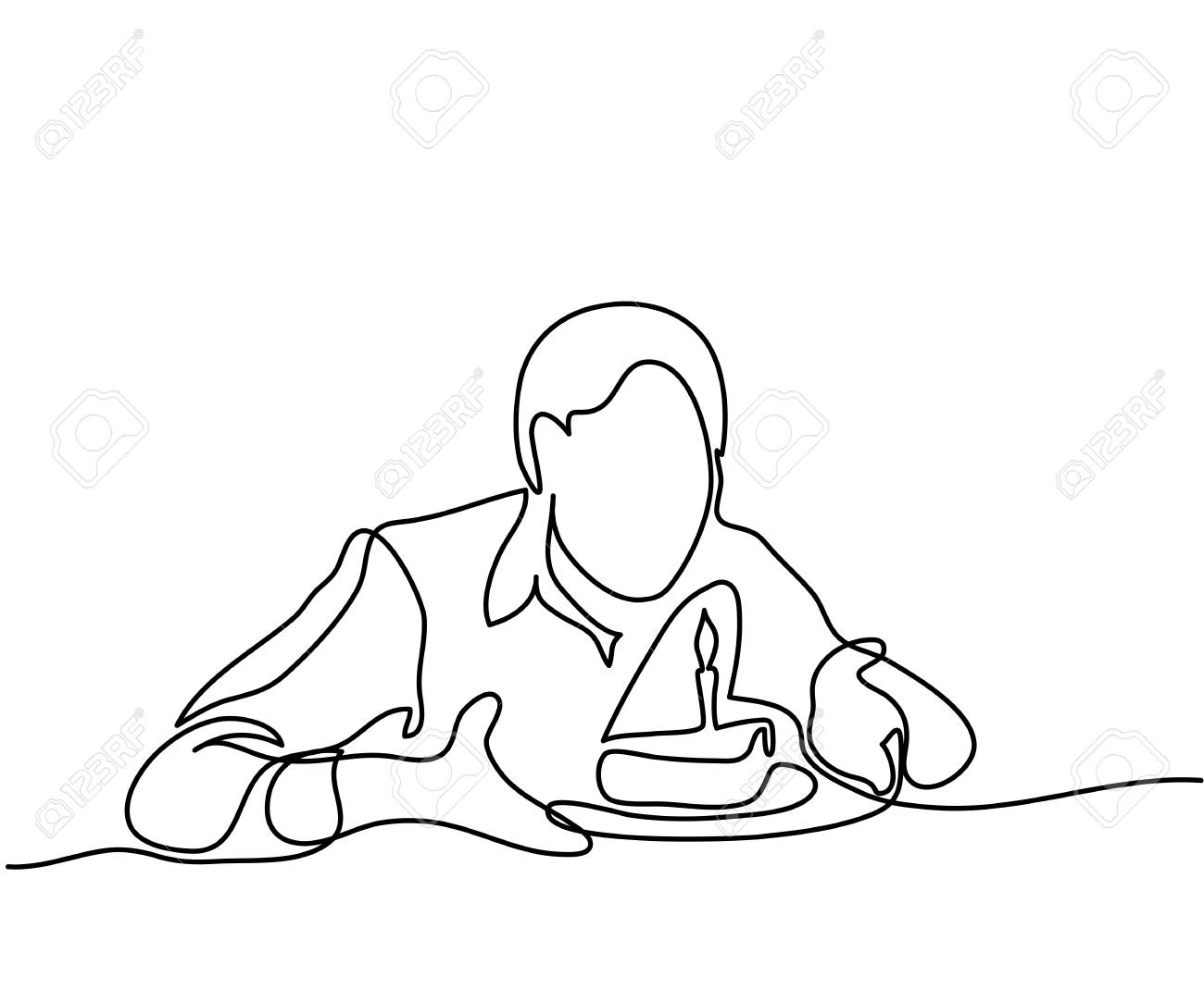 1300x1083 Man Holding Birthday Cake With Candle. Continuous Line Drawing