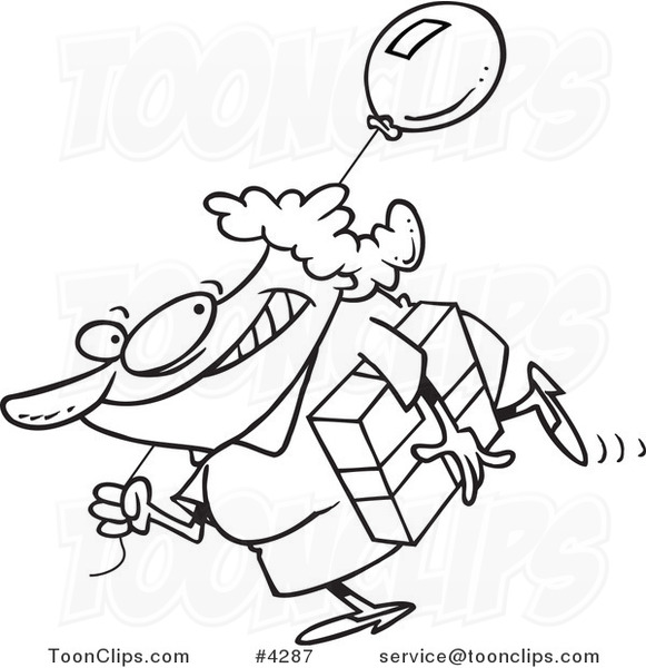 581x600 Cartoon Black And White Line Drawing Of A Lady Carrying A Birthday