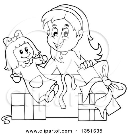 450x470 Clipart Of A Cartoon Black White Girl Opening A Doll