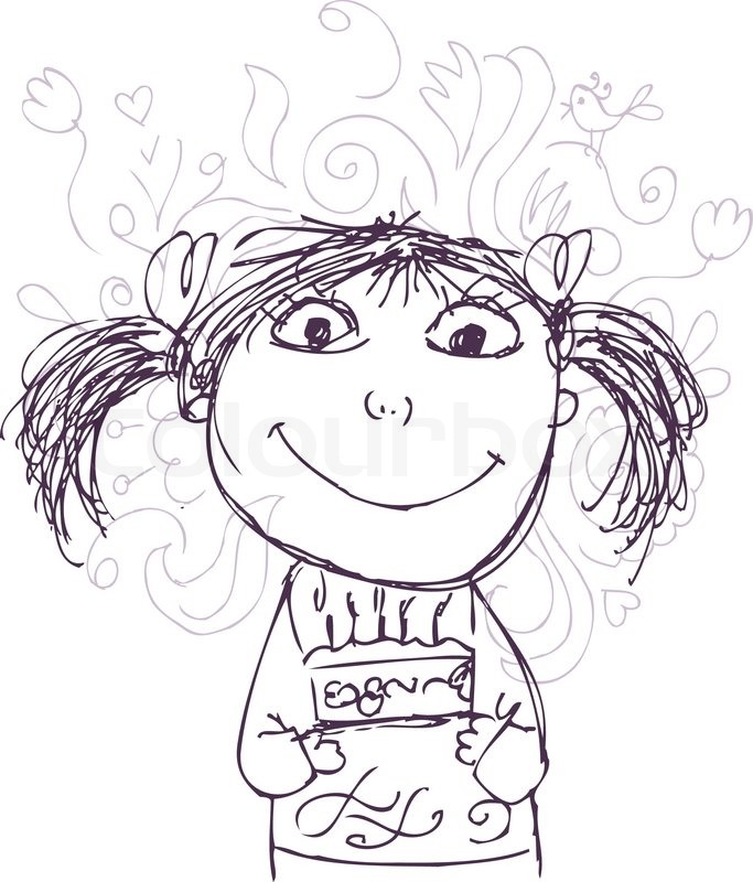 683x800 Funny Girl Sketch With Birthday Cake For Your Design Stock