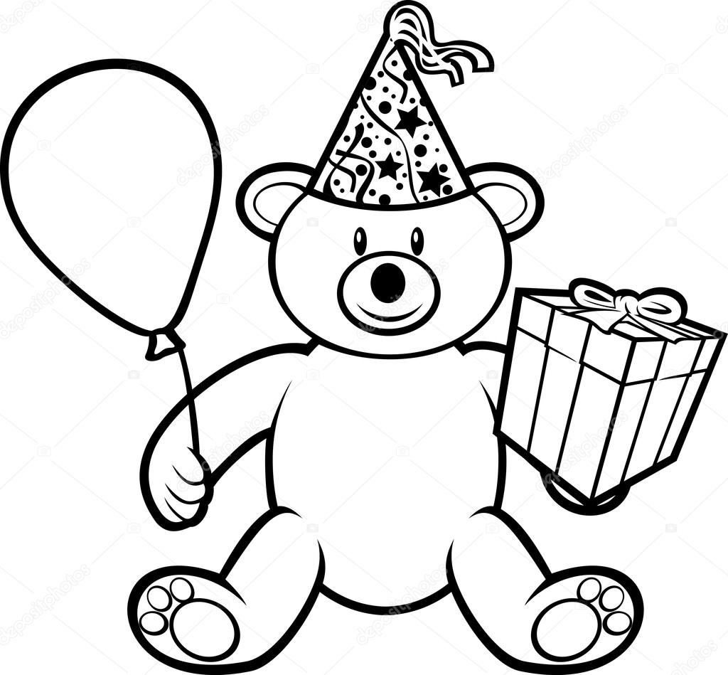 1024x949 Teddy Bear Toy With Gift Box, Birthday Hat And Balloon Stock