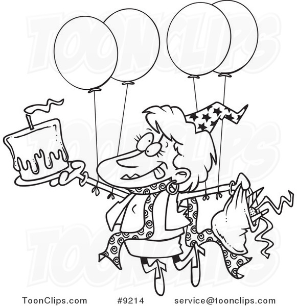 581x600 Cartoon Black And White Line Drawing Of A Birthday Party Lady