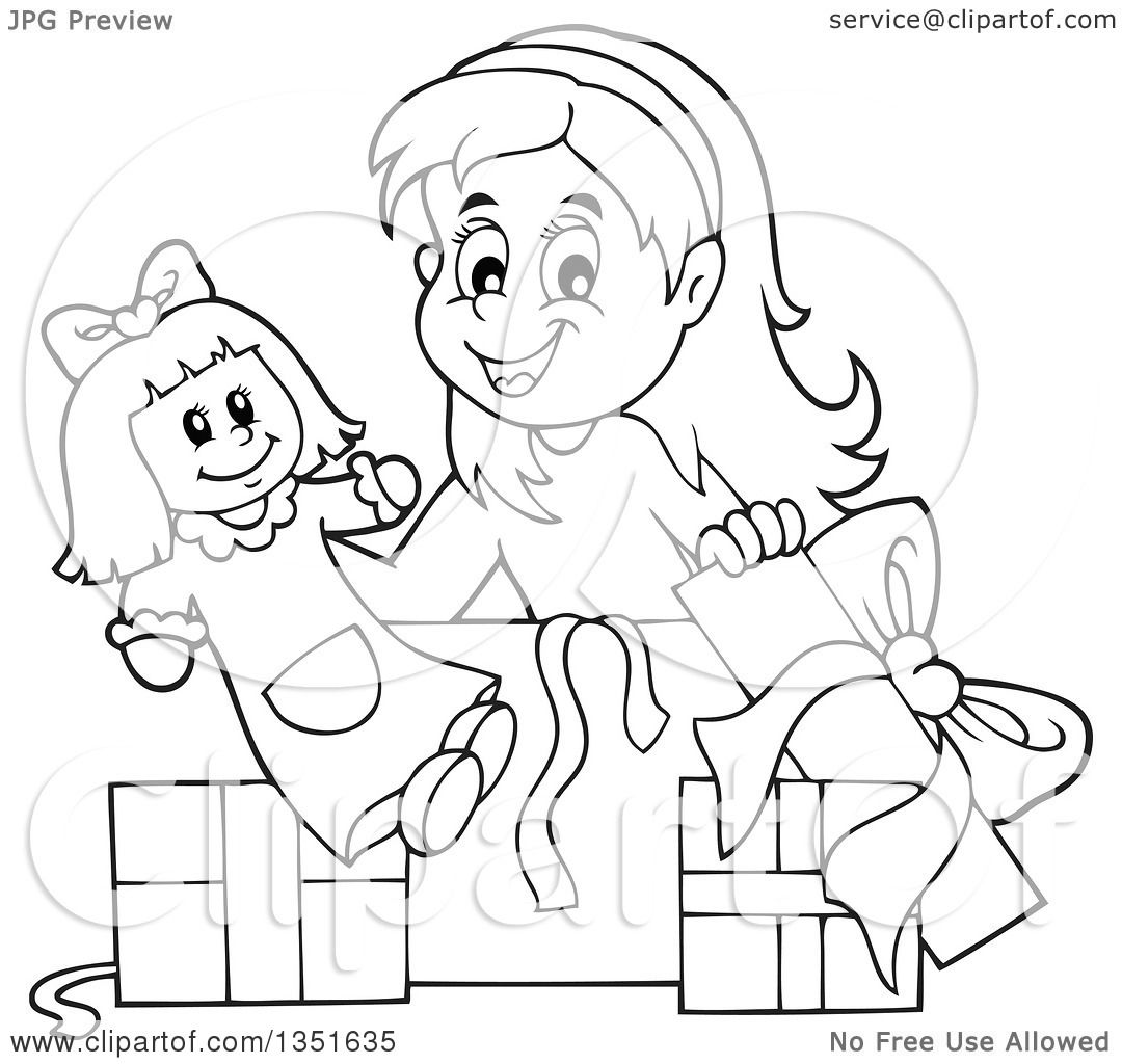 1080x1024 Clipart Of A Cartoon Black White Girl Opening A Doll