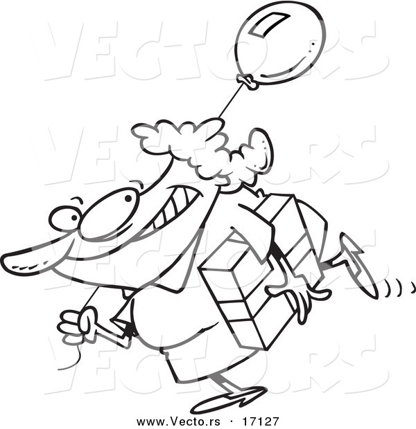 600x620 Vector Of A Cartoon Woman Carrying A Birthday Gift And Balloon