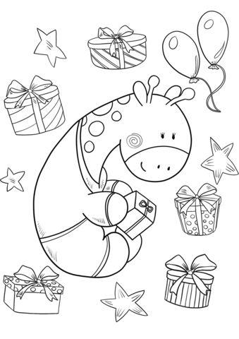 339x480 Baby Giraffe With A Present On His Birthday Coloring Page Free