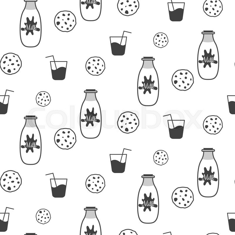 800x800 Milk And Cookie Black And White Seamless Vector Pattern. Milk