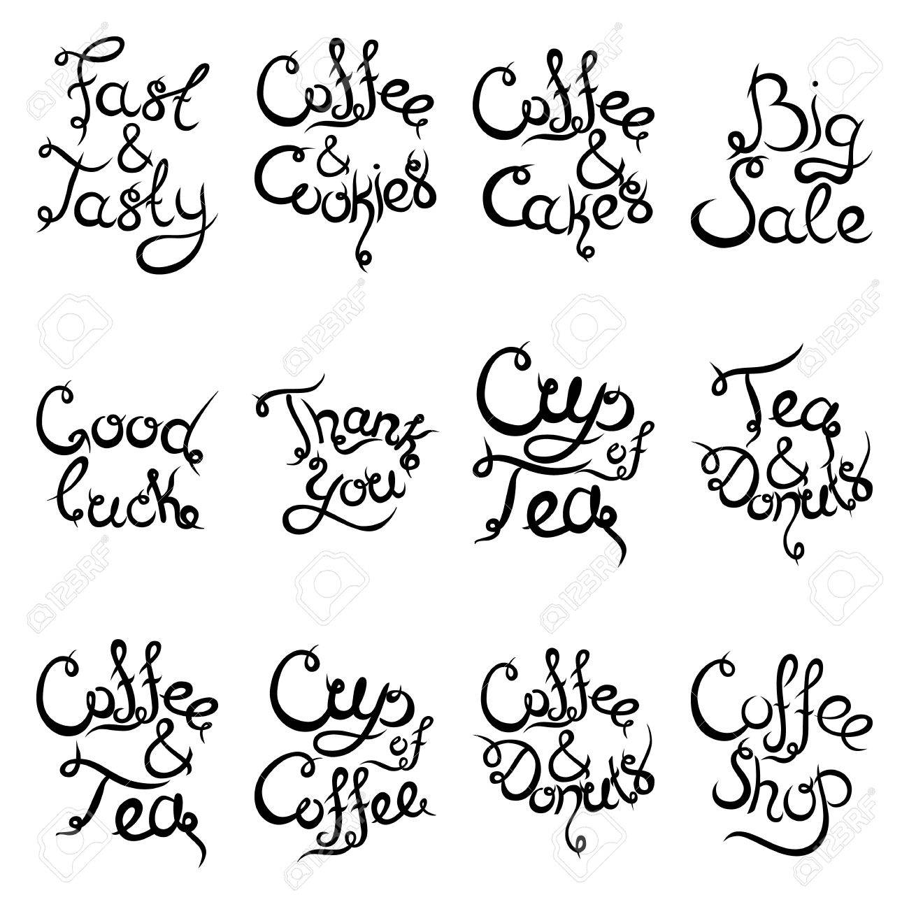 1300x1300 Set 2 Of Curly Hand Drawn Lettering Phrases For Coffee Shop