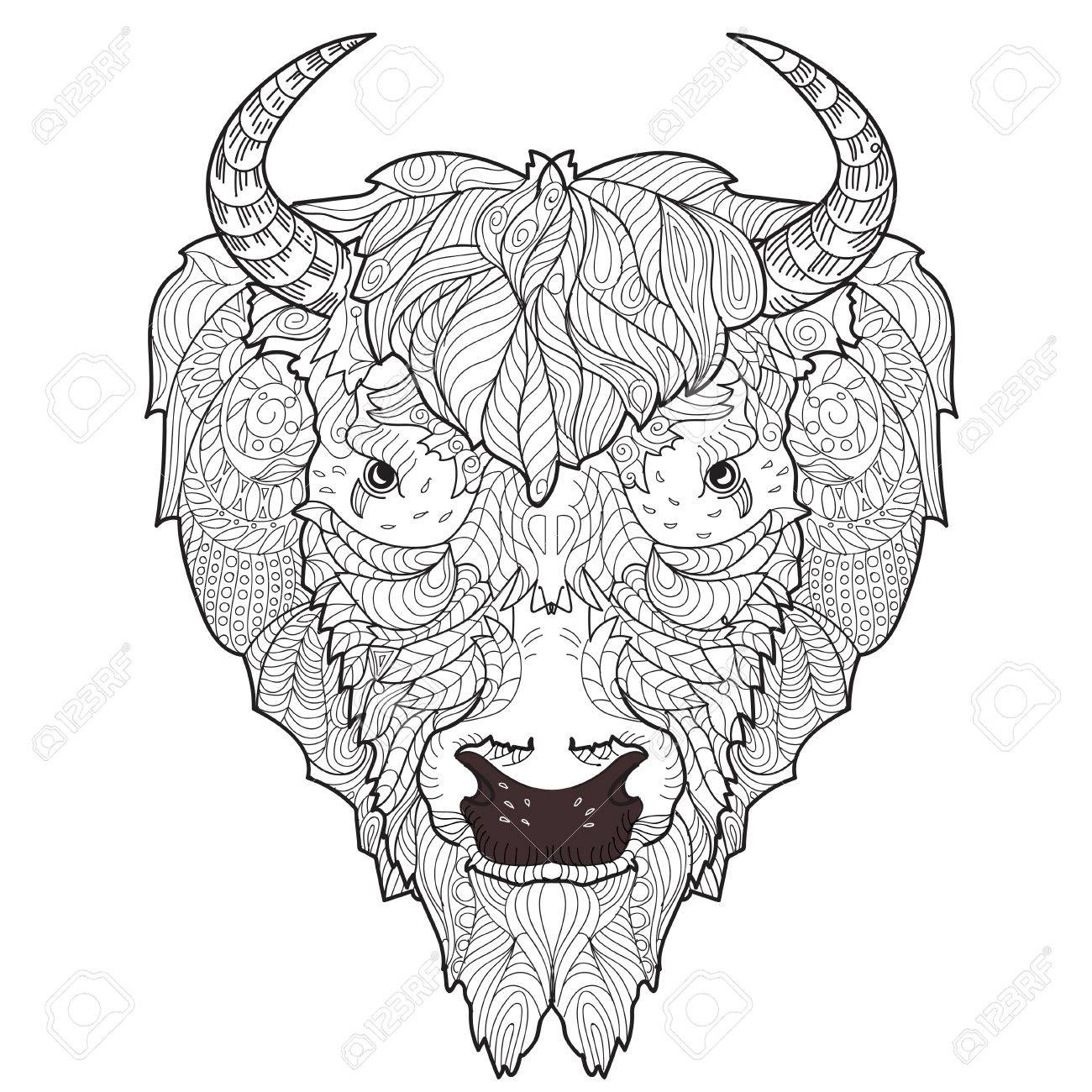 1300x1300 Bison Head Doodle With Black Nose On White Background. Royalty
