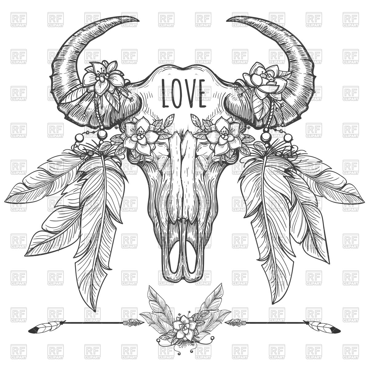 1200x1200 Hand Drawn Buffalo Skull With Flowers And Feathers Royalty Free
