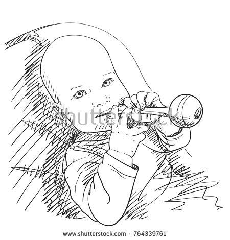 450x470 Sketch Of Baby Boy Ore Girl Chewing Toy, Hand Drawn Vector