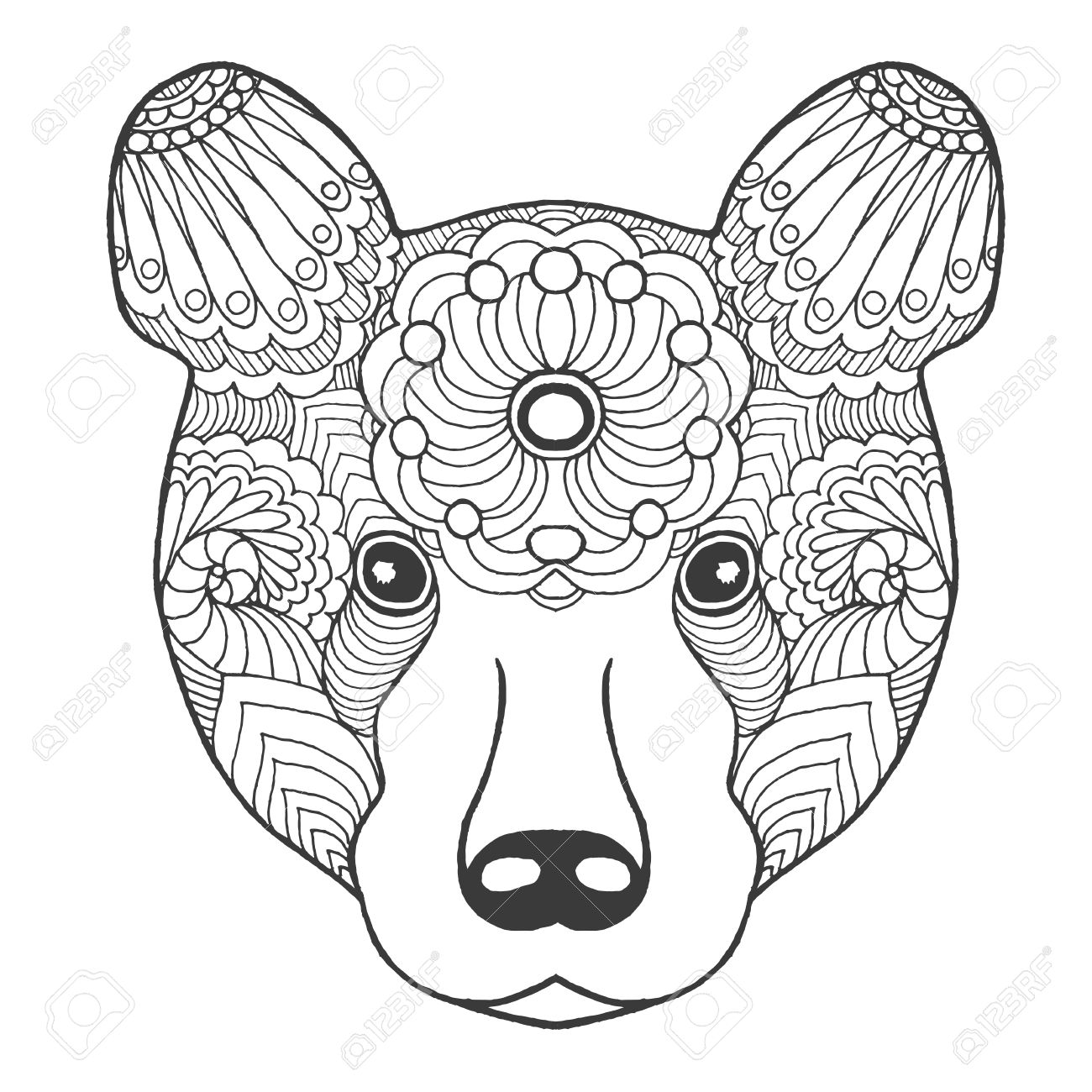 1300x1300 Cute Bear. Black White Hand Drawn Doodle Animal. Ethnic Patterned
