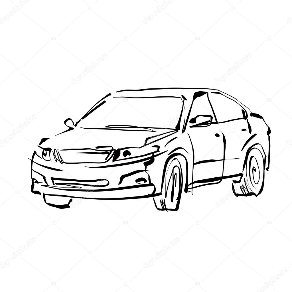 1024x1024 Monochrome Hand Drawn Car On White Background, Black And White I