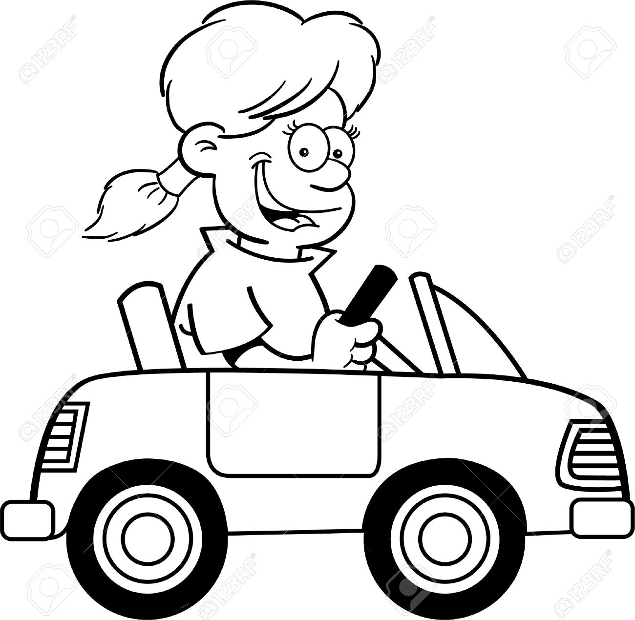 1300x1270 Black And White Illustration Of A Girl Driving A Toy Car Royalty