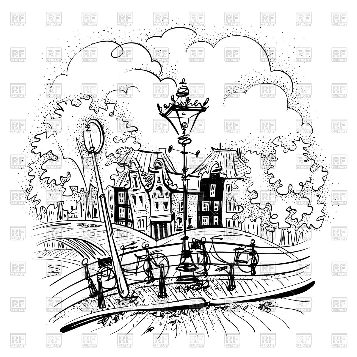 1200x1200 Black And White Hand Drawing City View Of Amsterdam Royalty Free
