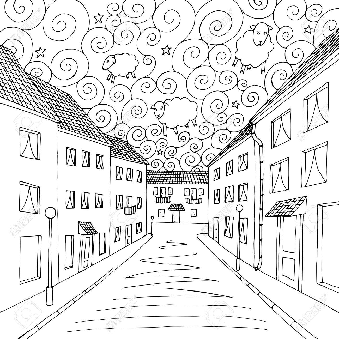 1300x1300 Dreams City Graphic Art Black White Illustration Vector Royalty