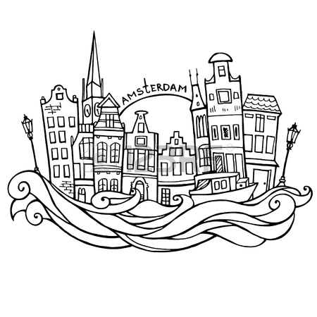 450x450 Background With Hand Drawn Doodle Amsterdam Houses. Cityscape