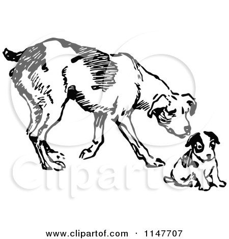 450x470 Clipart Of A Retro Vintage Black And White Dog And Puppy