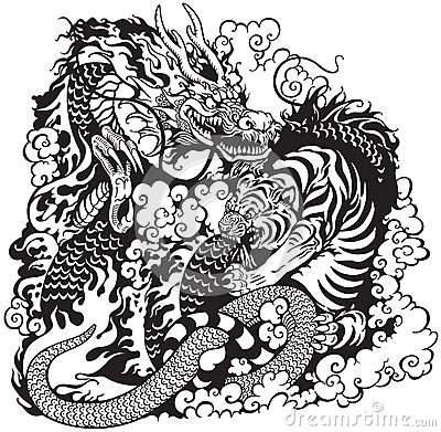 400x391 Dragon And Tiger Fighting, Black And White Tattoo Illustration