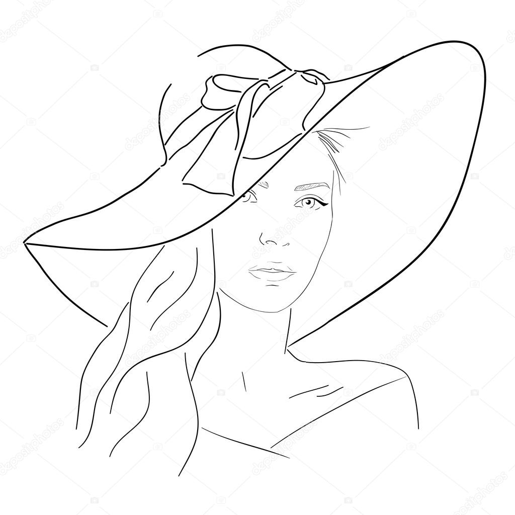 1024x1024 Young Pretty Woman In Hat Line Portrait. Romantic Outline Sketch