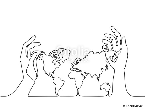 500x375 Continuous Line Drawing. Map Of The Earth In Human Hands. Vector