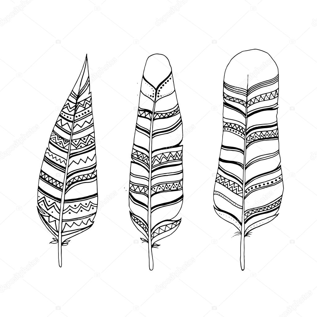 1024x1024 Sketch Hand Drawn Feathers Set. Line Art Feathers In Ethnic Indi