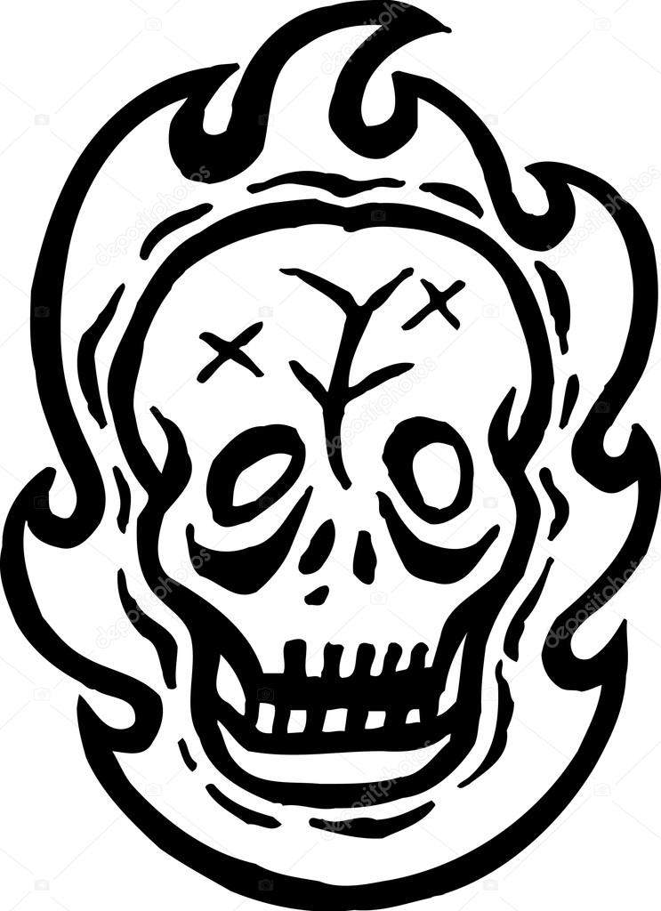 743x1024 A Black And White Drawing Of A Skull And Fire Stock Photo