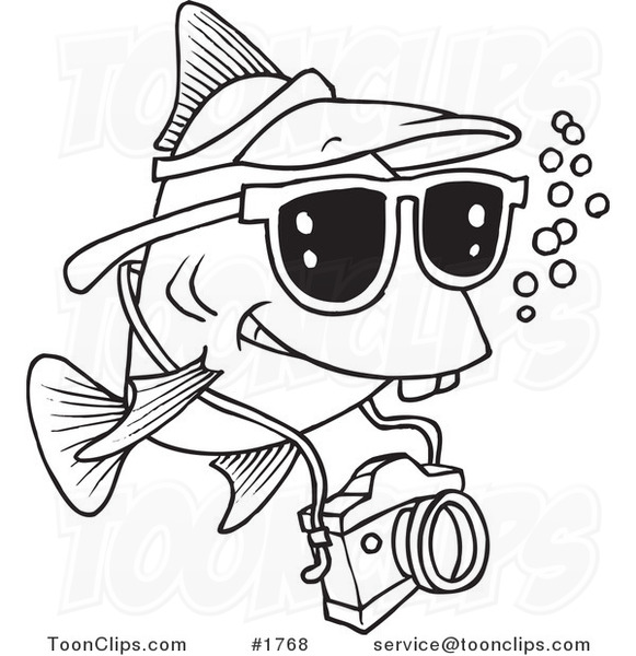 581x600 Cartoon Black And White Line Drawing Of A Fish Tourist Swimming